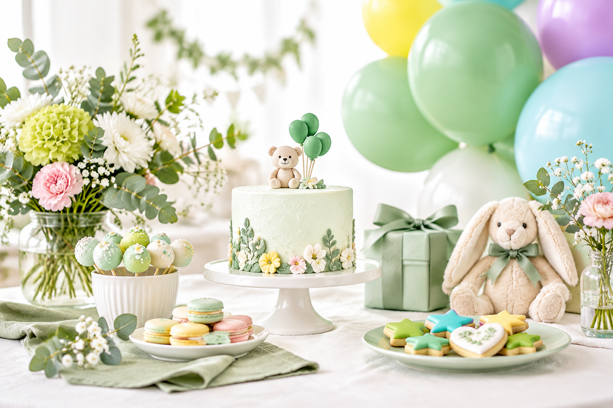 Ambiance de fête de naissance ou baby shower avec décorations vert tendre et tons pastel.