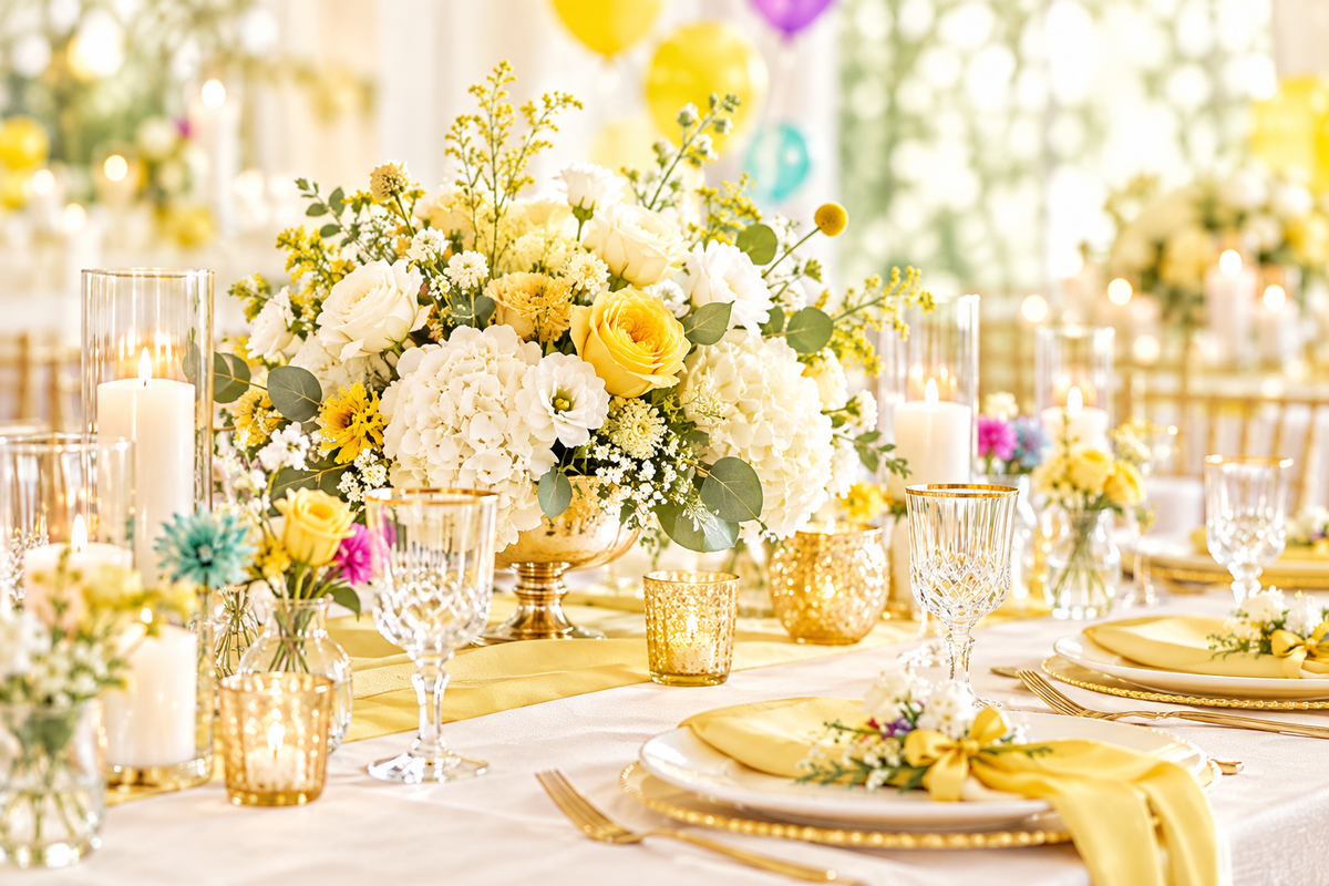 Décoration de table de mariage avec fleurs, détails jaune doux et doré.